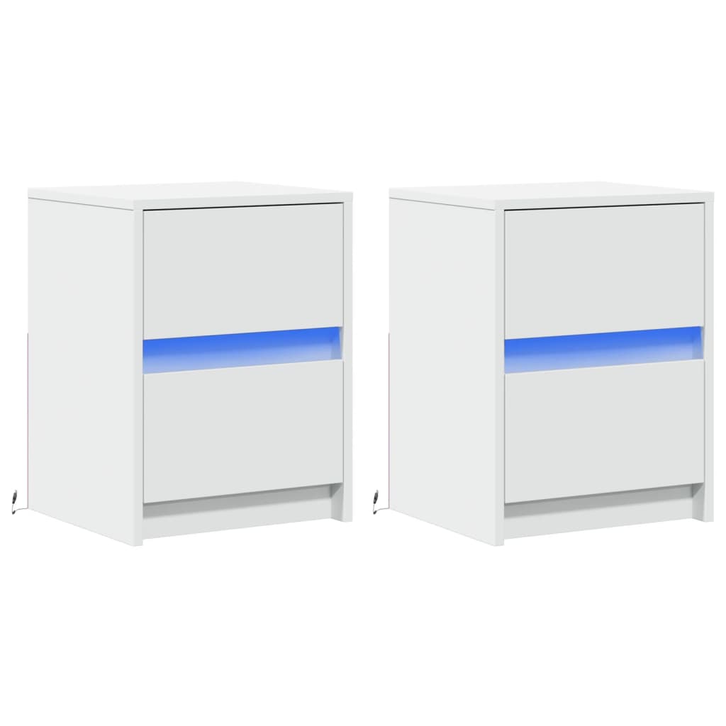 Naktinės spintelės su LED lemputėmis, 2vnt., baltos, mediena