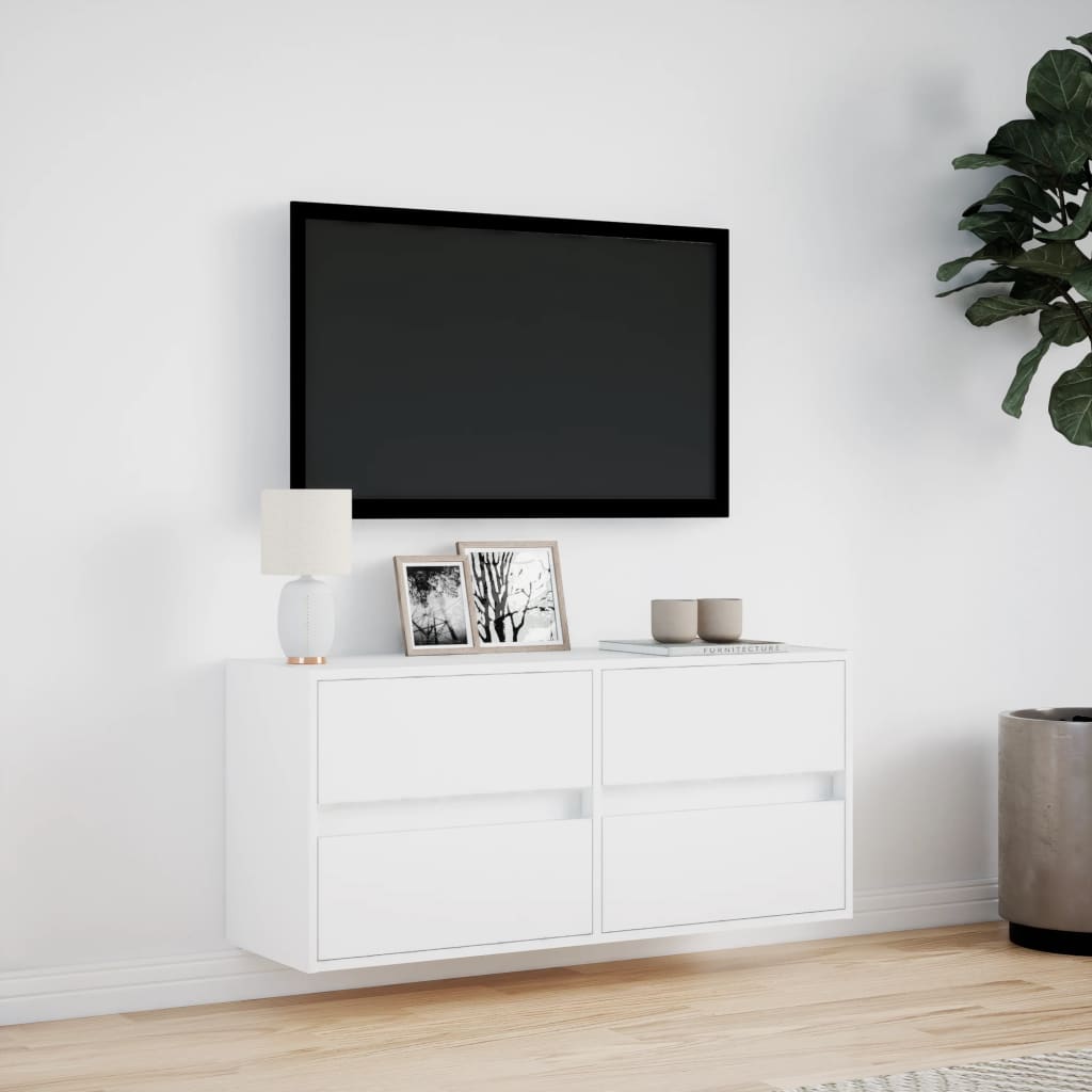 Sieninė TV spintelė su LED lemputėmis, balta, 100x31x45cm
