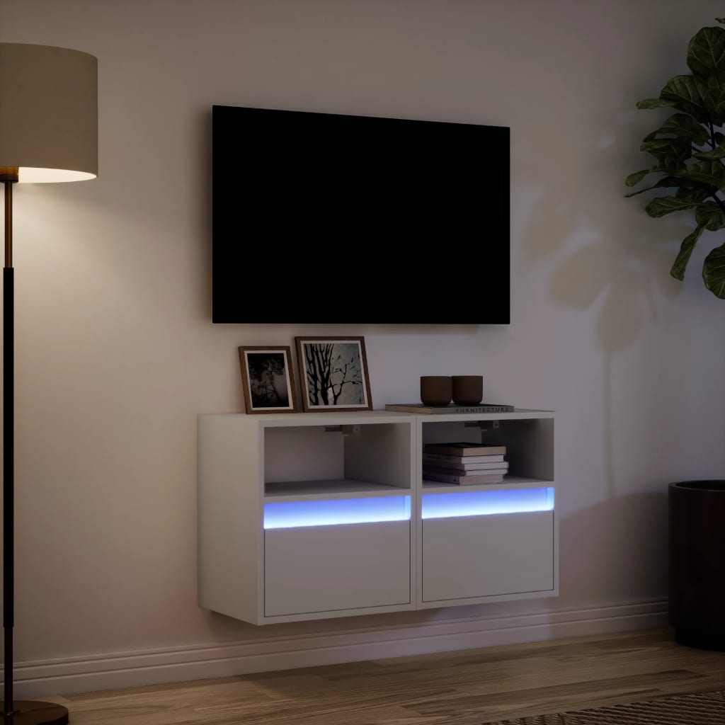 Sieninės TV spintelės su LED, 2vnt., baltos, 41x31x45cm