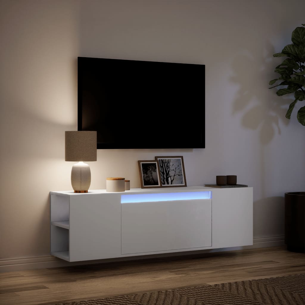 Sieninė TV spintelė su LED lemputėmis, balta, 135x31x39,5cm