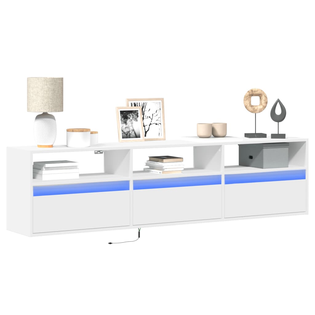 Sieninė TV spintelė su LED lemputėmis, balta, 180x31x45cm