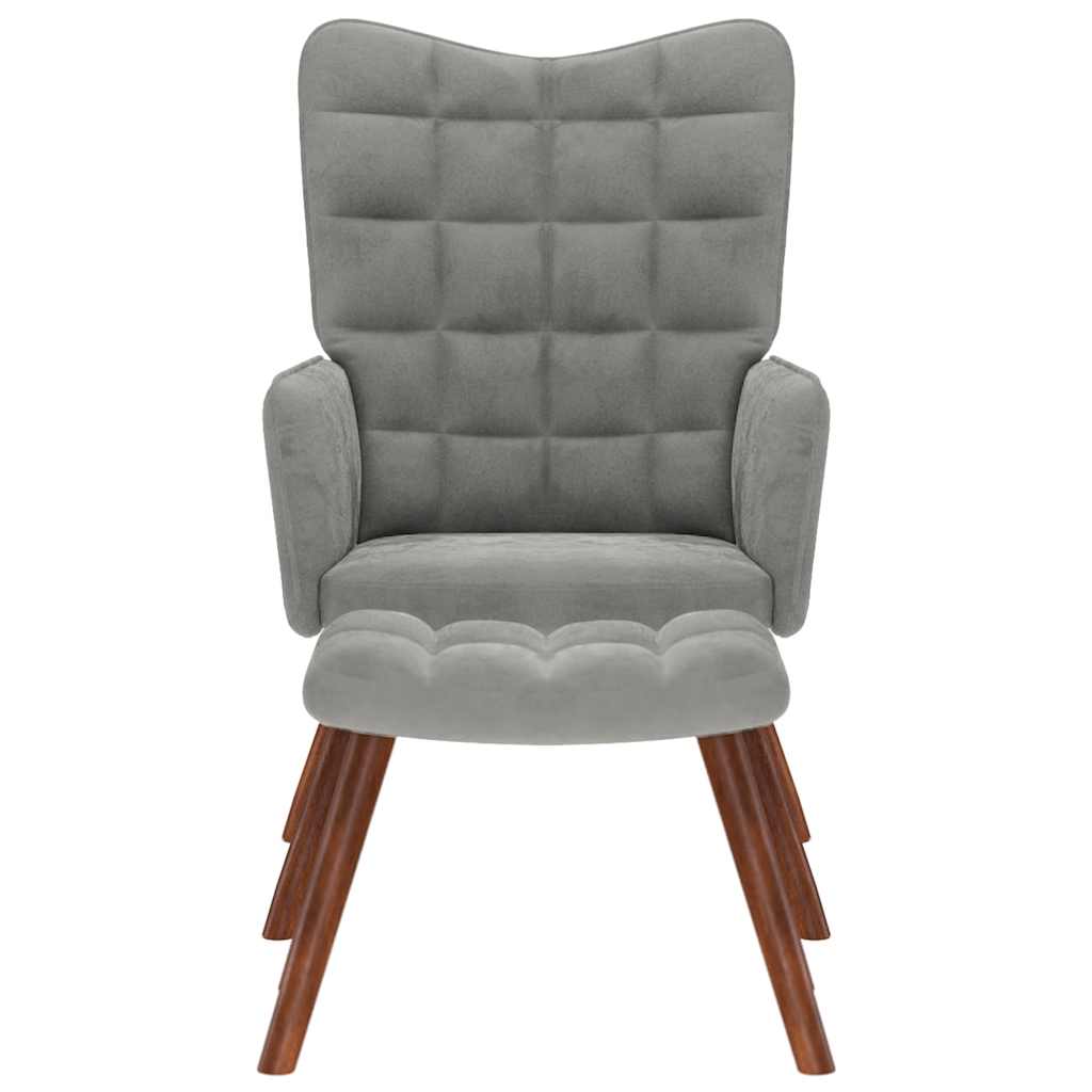 Poilsio krėslas su taburetėle, šviesiai pilkas, aksomas