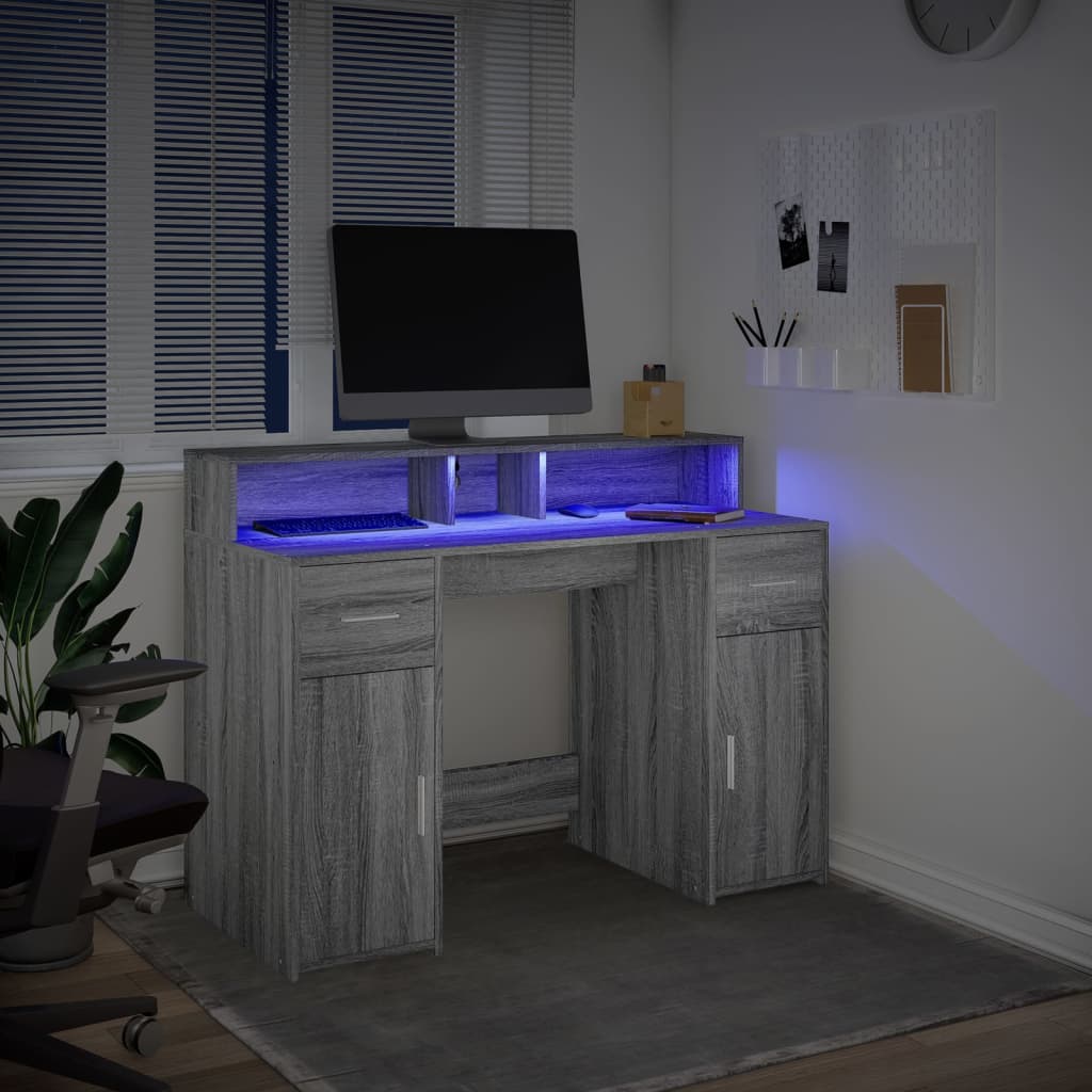 Rašomasis stalas su LED, pilkas ąžuolo, 120x55x91cm, mediena