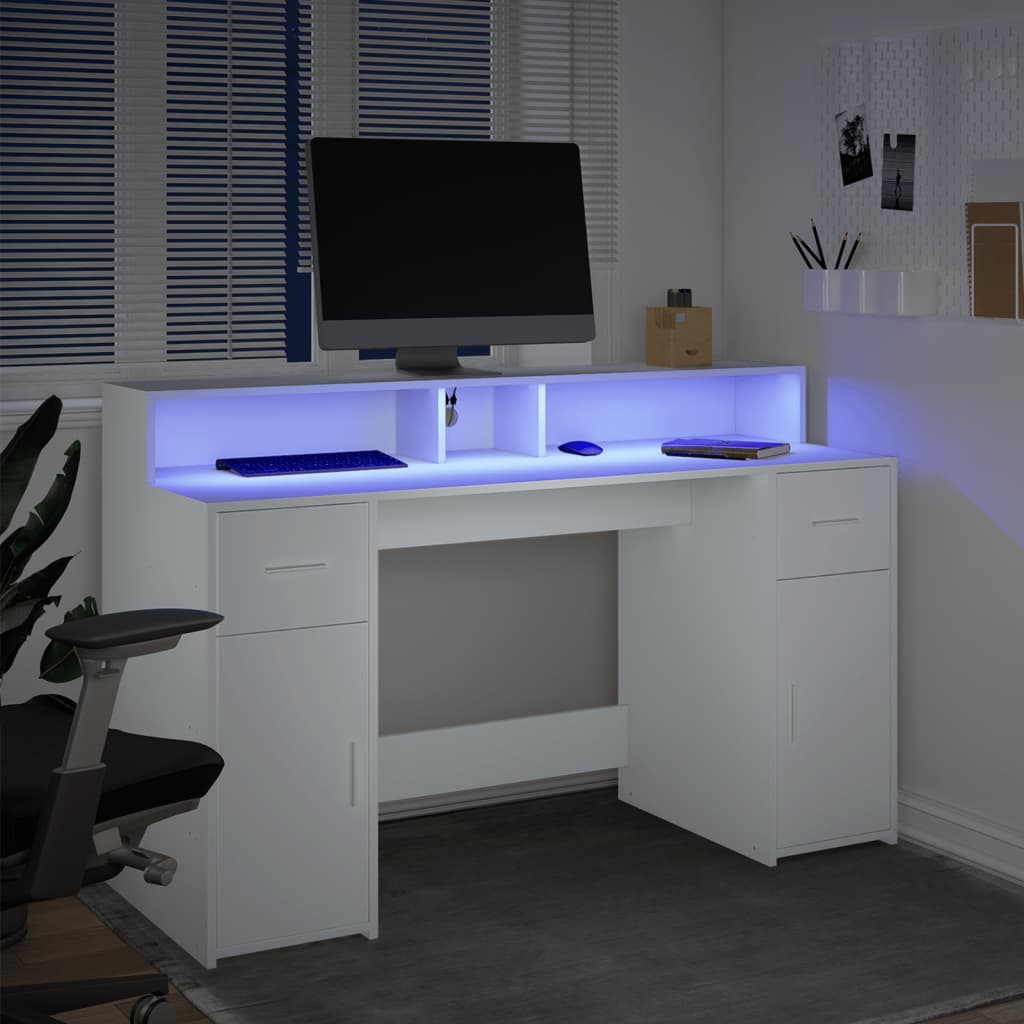 Rašomasis stalas su LED apšvietimu, baltas, 140x55x91cm