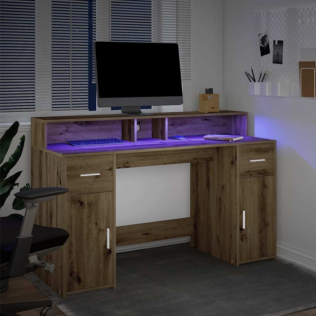 Rašomasis stalas su LED, artisano ąžuolo, 140x55x91cm, mediena