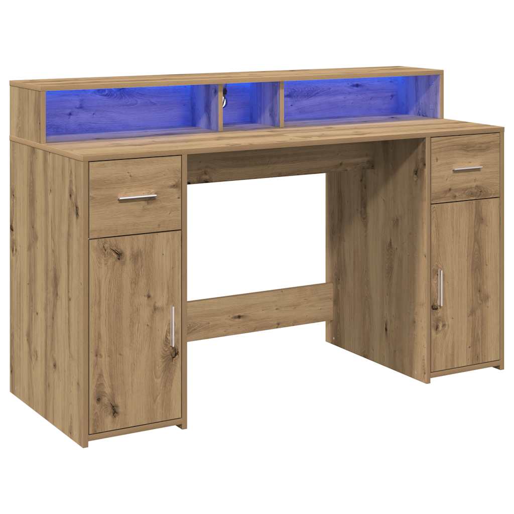 Rašomasis stalas su LED, artisano ąžuolo, 140x55x91cm, mediena