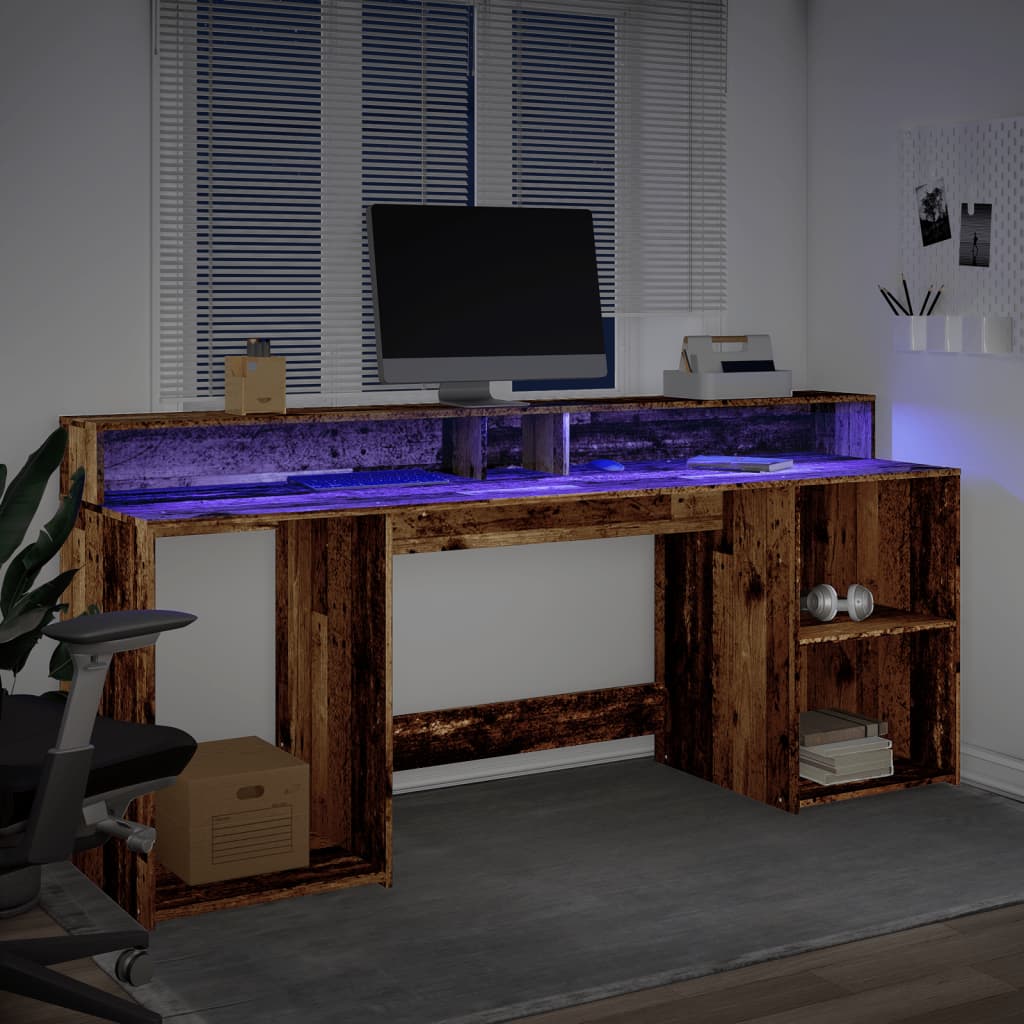 Rašomasis stalas su LED, pilkas ąžuolo, 200x55x91cm, mediena