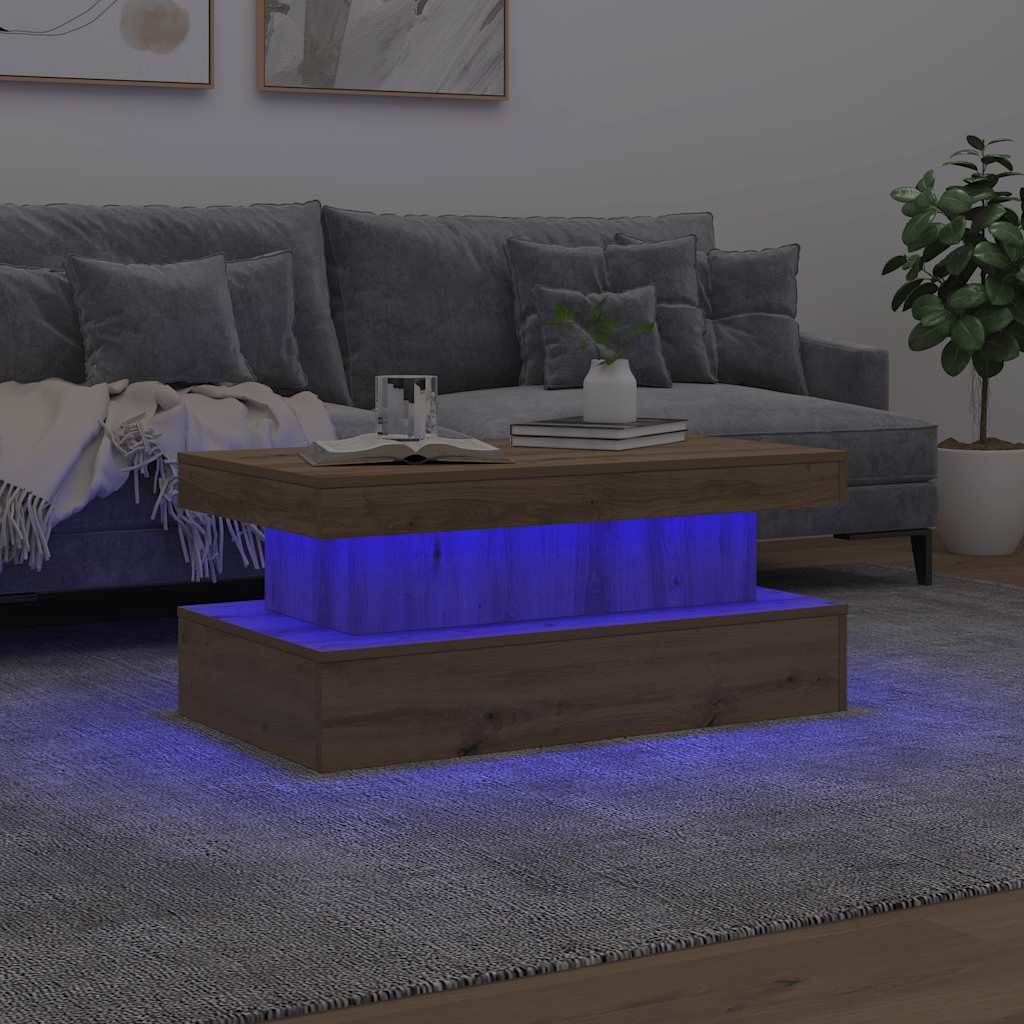 Kavos staliukas su LED lemputėmis, artisano ąžuolo, 90x50x40cm