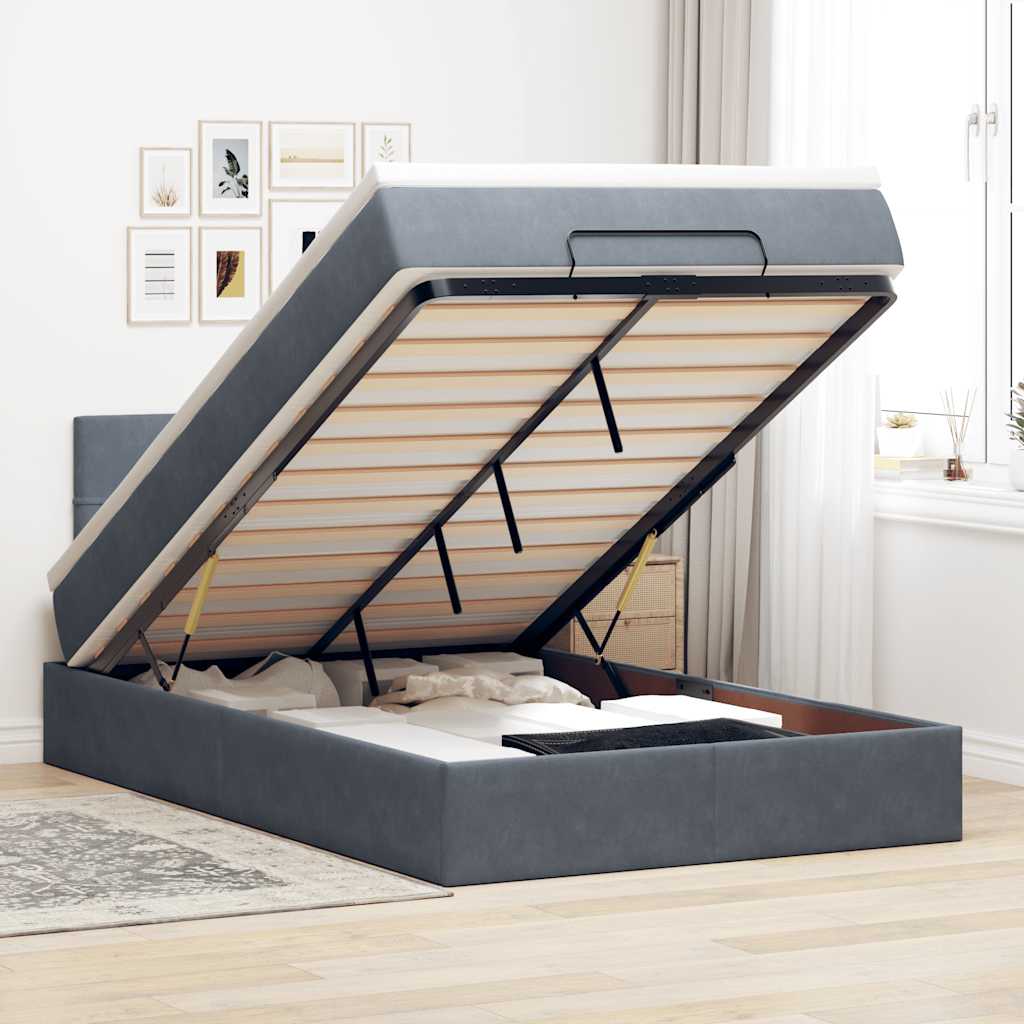Osmanų lovos rėmas su čiužiniu, pilkas, 120x200cm, aksomas
