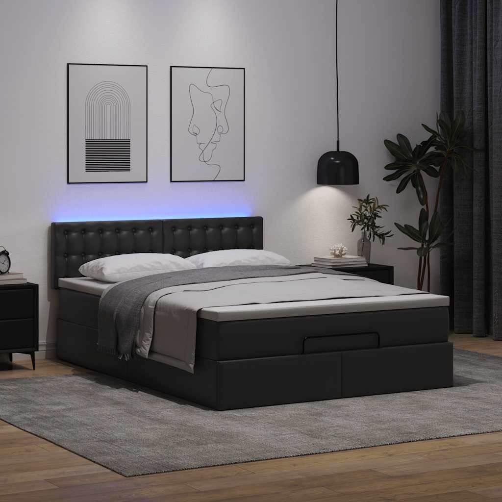 Osmanų lova su čiužiniais ir LED, juodas, 140x190cm, dirbt. oda