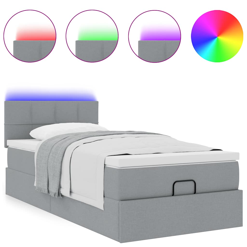 Osmanų lova su čiužiniu ir LED šviesiai pilkas 90x200cm audinys