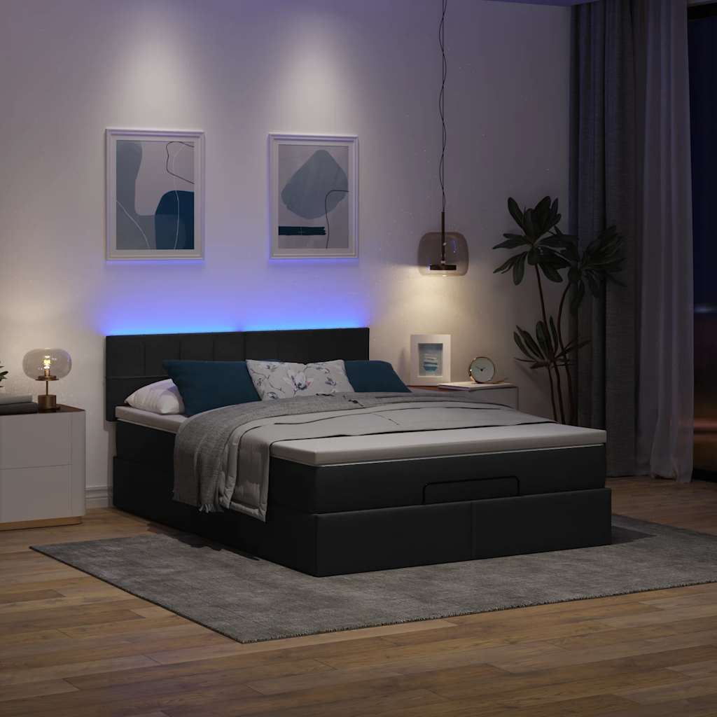 Osmanų lova su čiužiniu ir LED lemputėmis juodas 140x200 cm