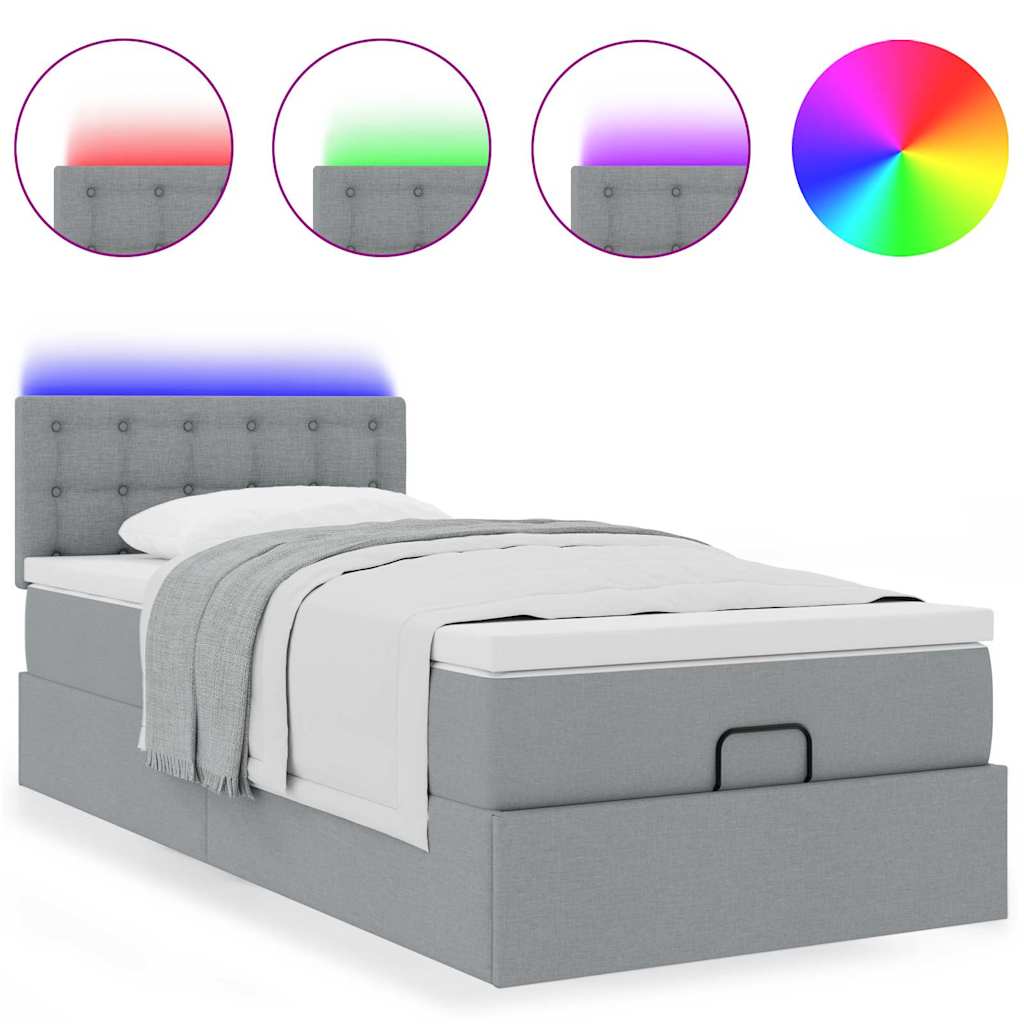 Osmanų lova su čiužiniu ir LED šviesiai pilkas 90x200cm audinys