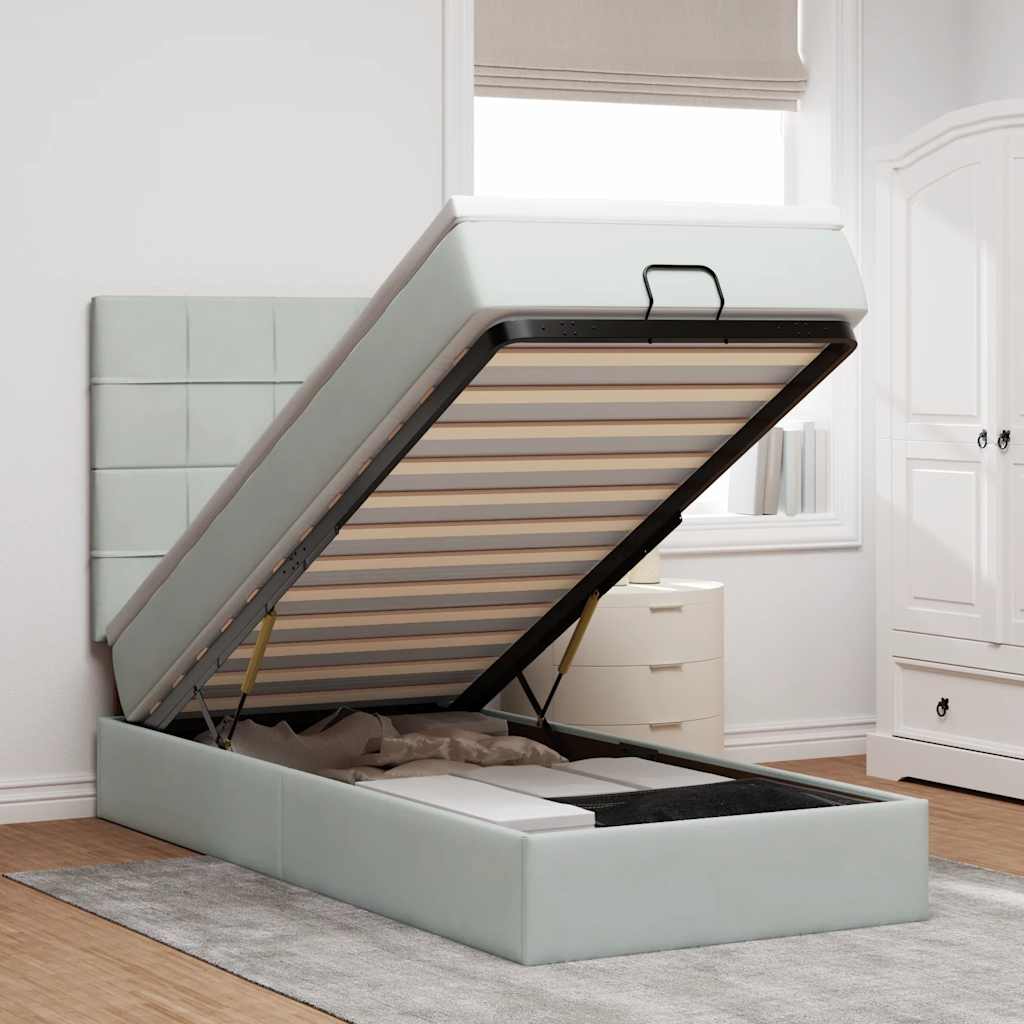 Osmanų lovos rėmas su čiužiniais, pilkas, 90x200cm, aksomas