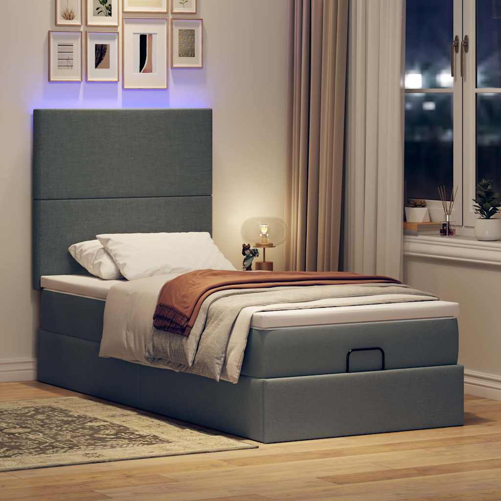 Osmanų lova su čiužiniu ir LED, tamsiai pilkas 90x200cm audinys