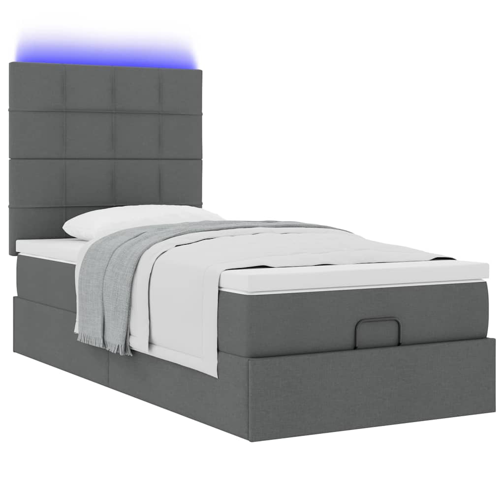 Osmanų lova su čiužiniu ir LED, tamsiai pilkas 90x200cm audinys