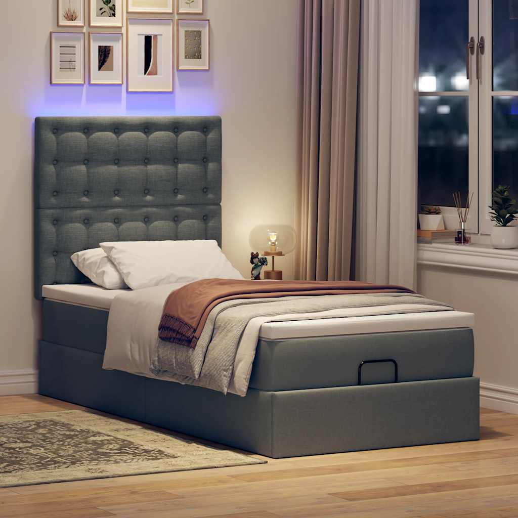 Osmanų lova su čiužiniu ir LED, tamsiai pilkas 90x200cm audinys