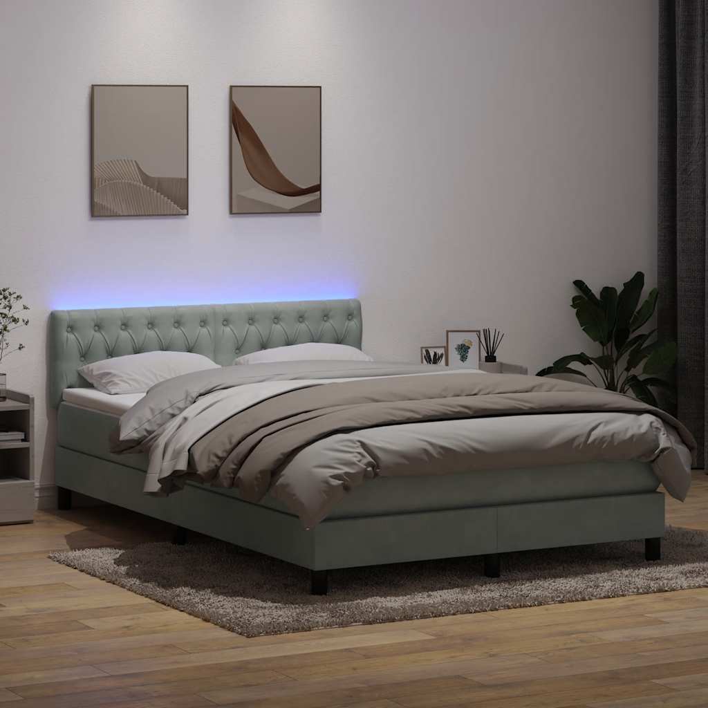Lova su spyruokliniu/čiužiniu/LED, šviesiai pilka, 160x210 cm, aksomas