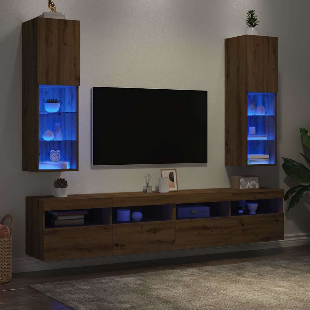 TV spintelės su LED, 2vnt., rudos ąžuolo, 30,5x30x102cm