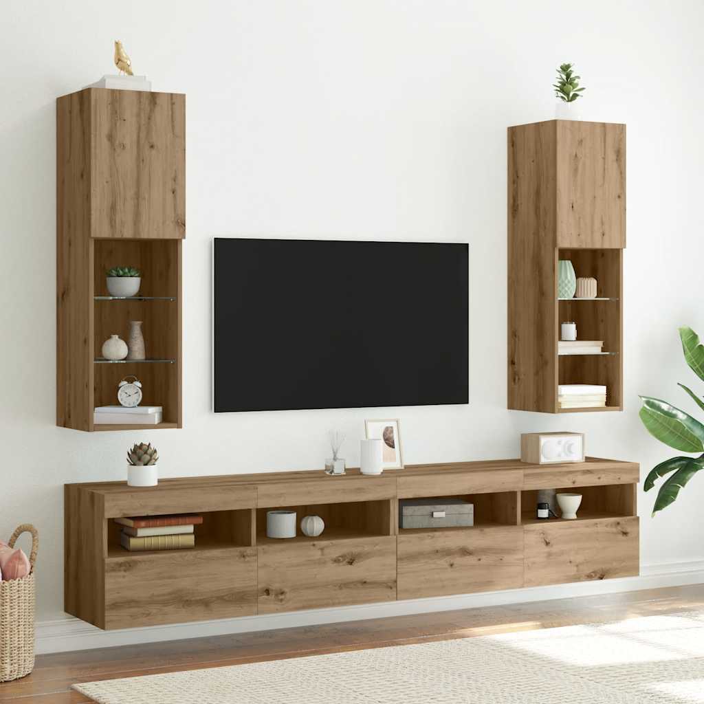 TV spintelės su LED, 2vnt., rudos ąžuolo, 30,5x30x102cm