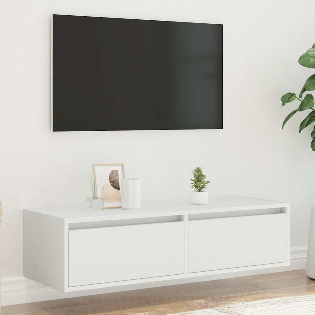Televizoriaus spintelė su LED apšvietimu, balta, 100X35,5x25 cm