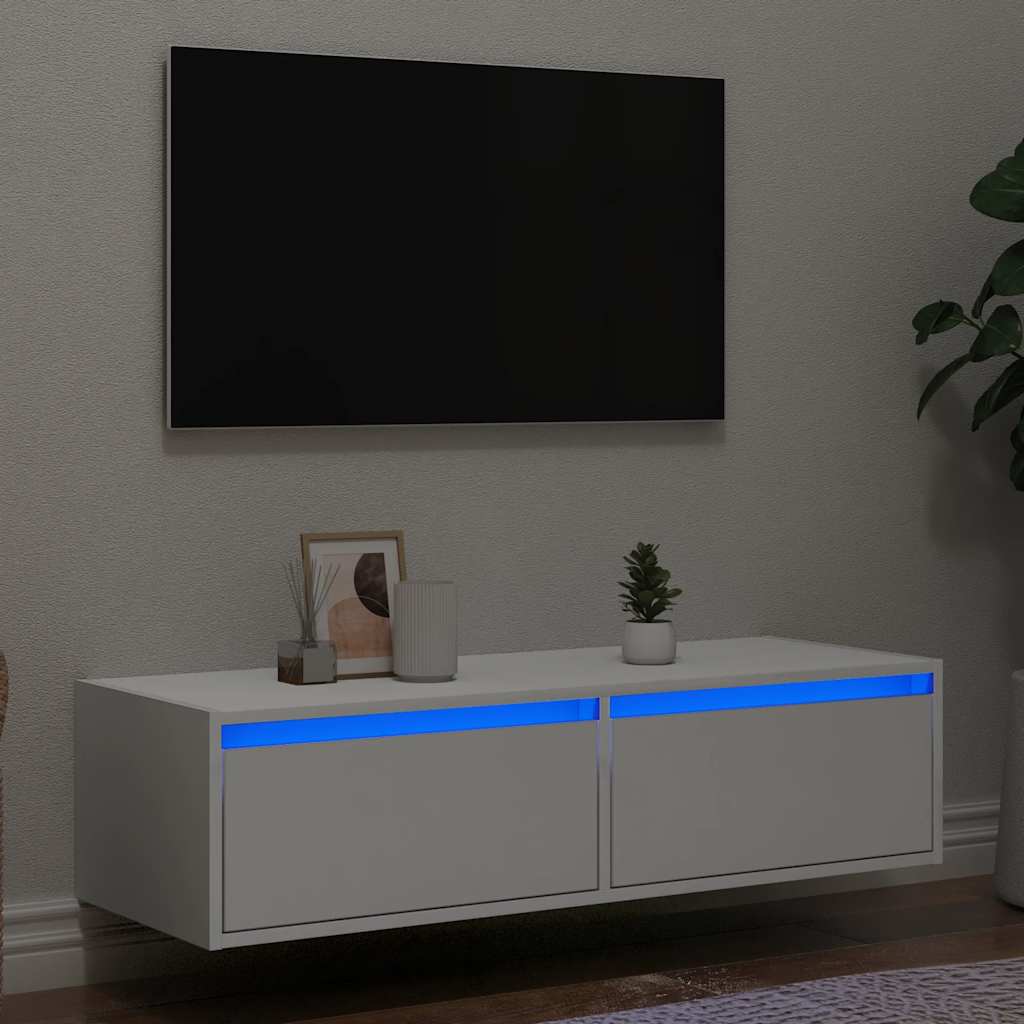 Televizoriaus spintelė su LED apšvietimu, balta, 100X35,5x25 cm