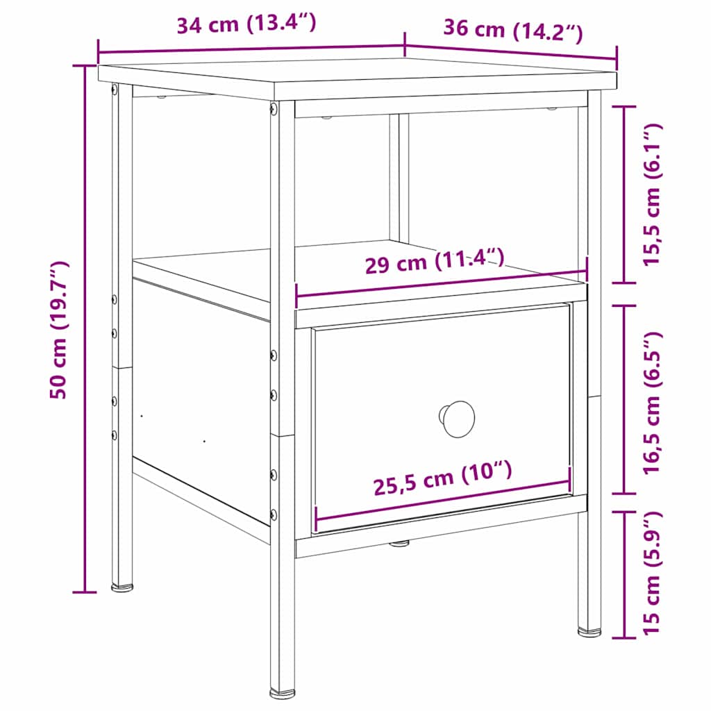 Naktinis Staliukas 2 pcs juoda ąžuolo 34 x 36 x 50 cm