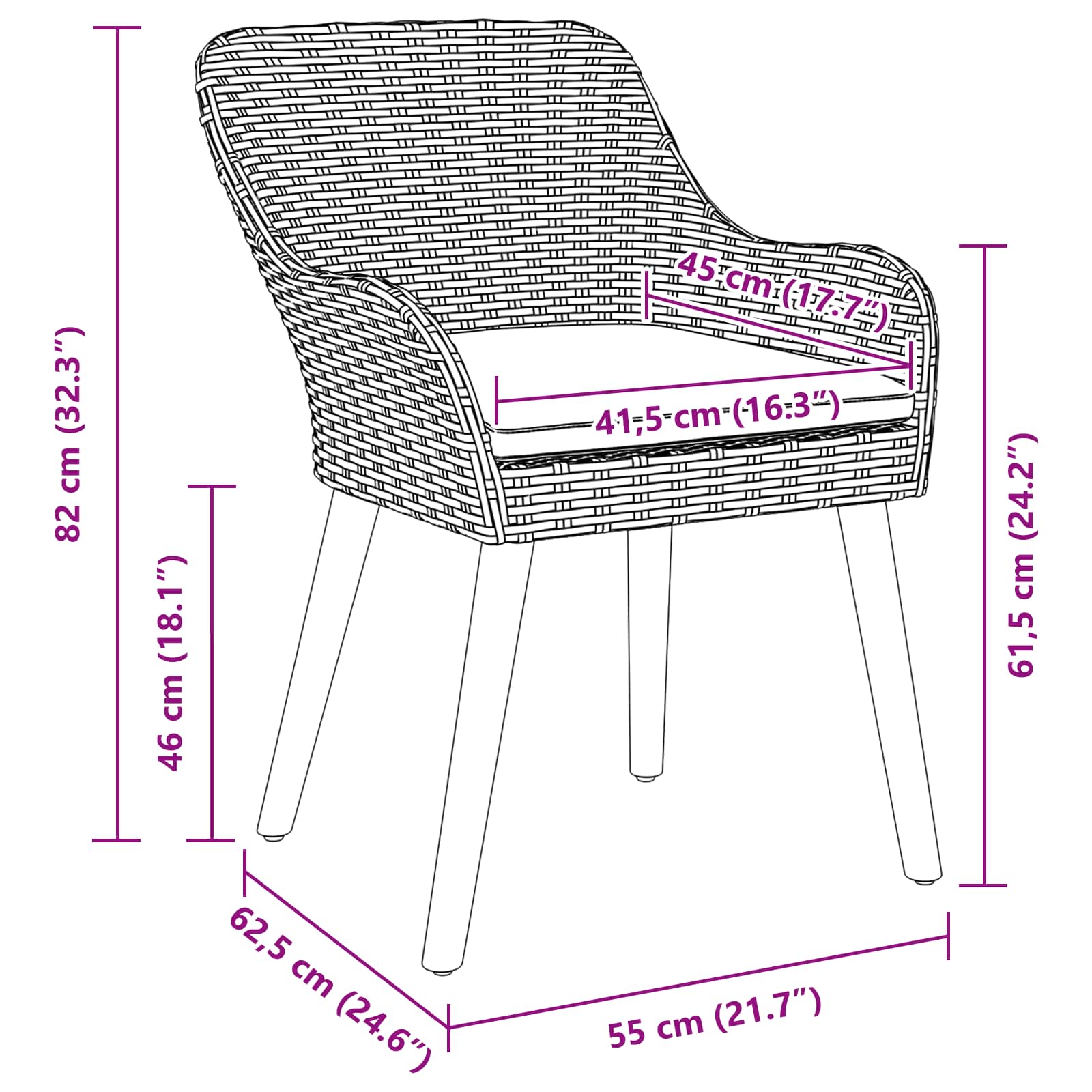 Sodo Kėdė su pagalve 2 pcs Juoda 62,5 x 55 x 82 cm poliratanas