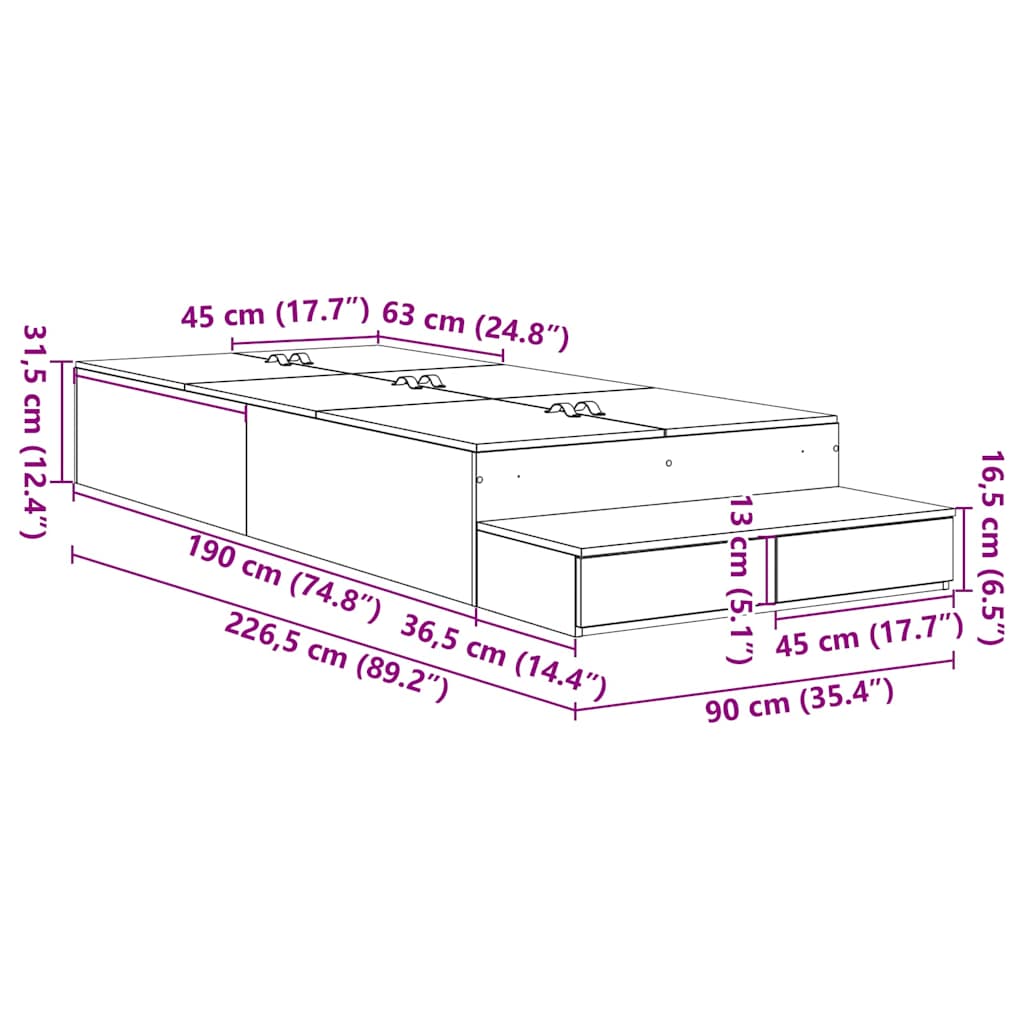 Lova su daiktų laikymo vieta Balta 90 cm Apdirbta mediena