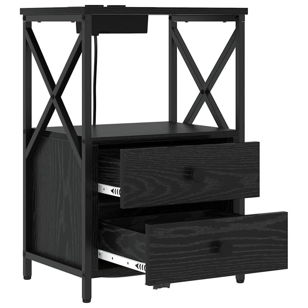 Naktinis staliukas su įkrovimo stotimi su stalčių juoda ąžuolo