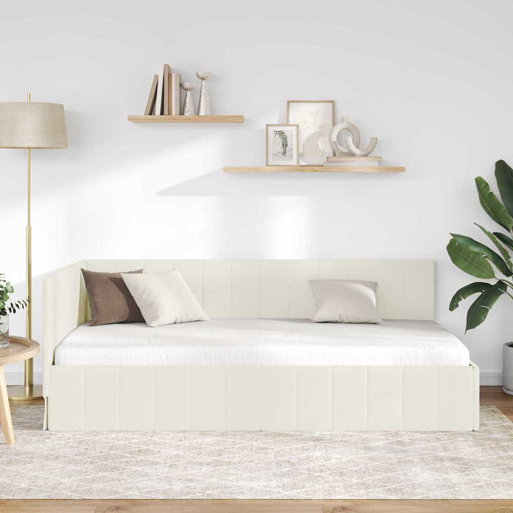 Kampinė lovos konstrukcija Kreminė 90 cm x 190 cm Aksomas