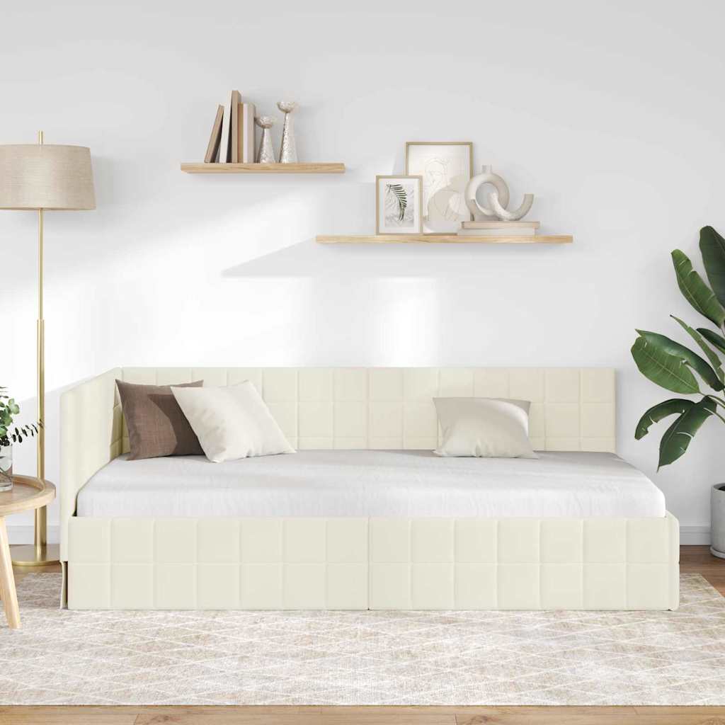 Kampinė lovos konstrukcija Kreminė 90 cm x 200 cm Aksomas