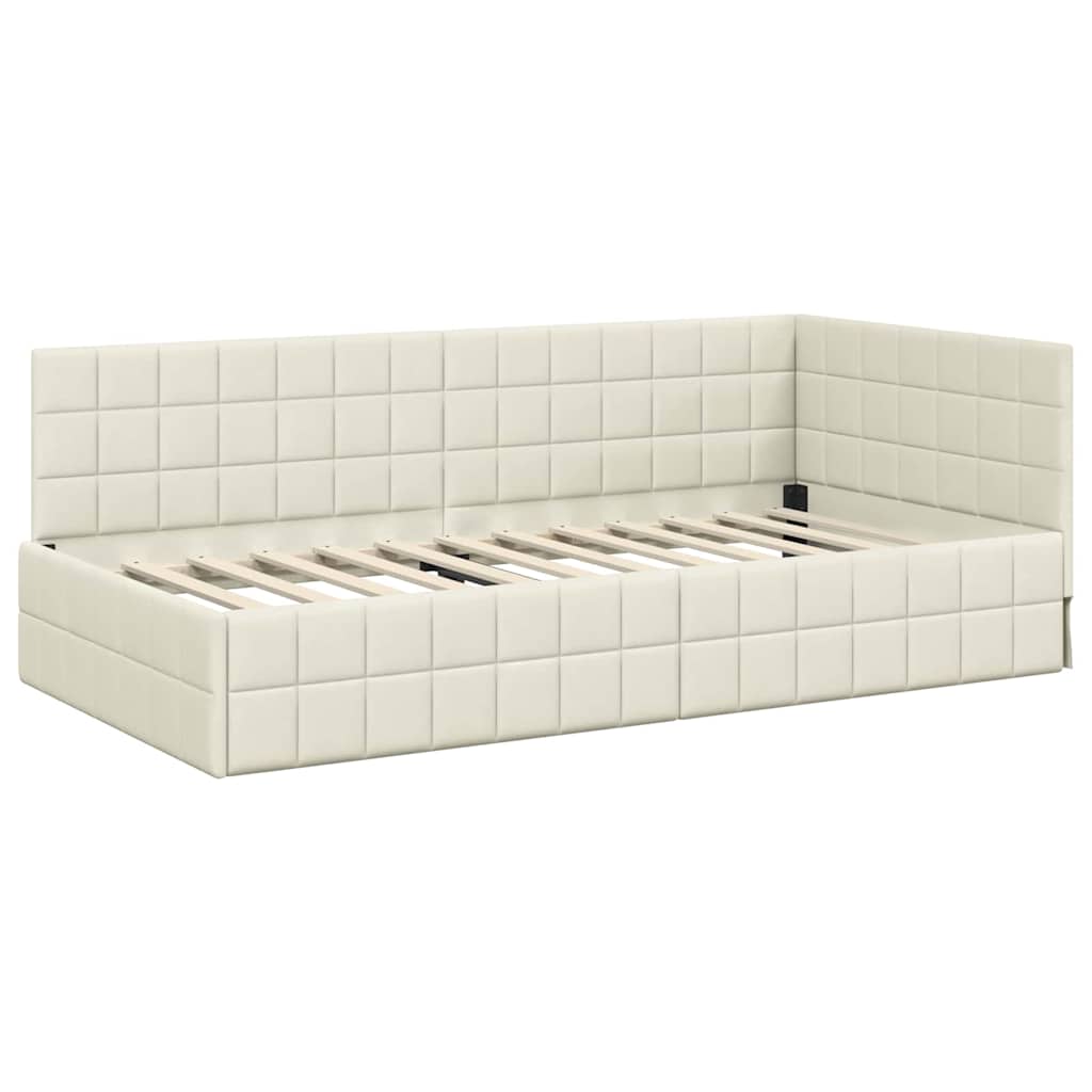 Kampinė lovos konstrukcija Kreminė 90 cm x 200 cm Aksomas
