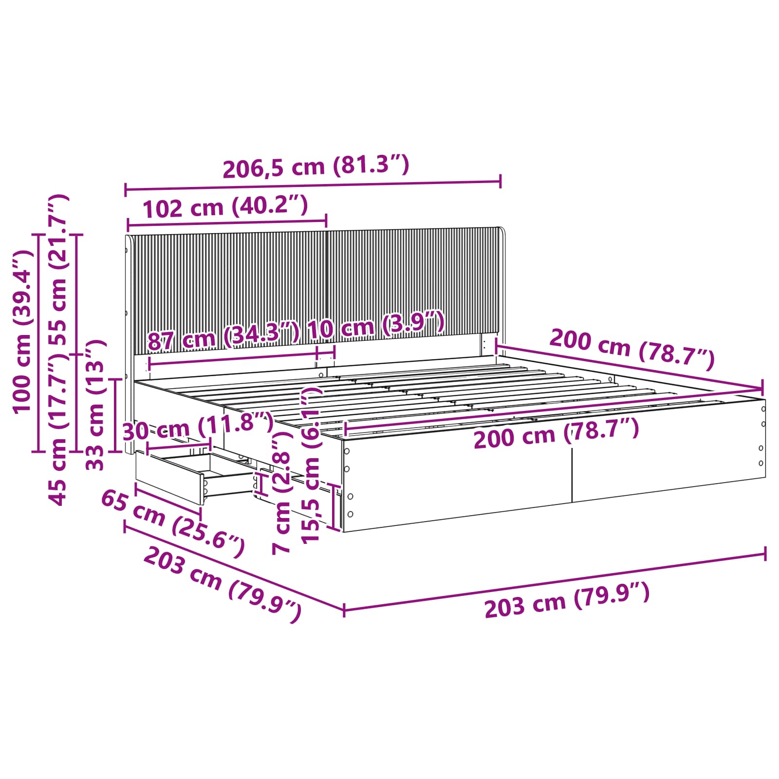 Lovos rėmas su saugojimu ir nugara Juoda 200 x 200 cm