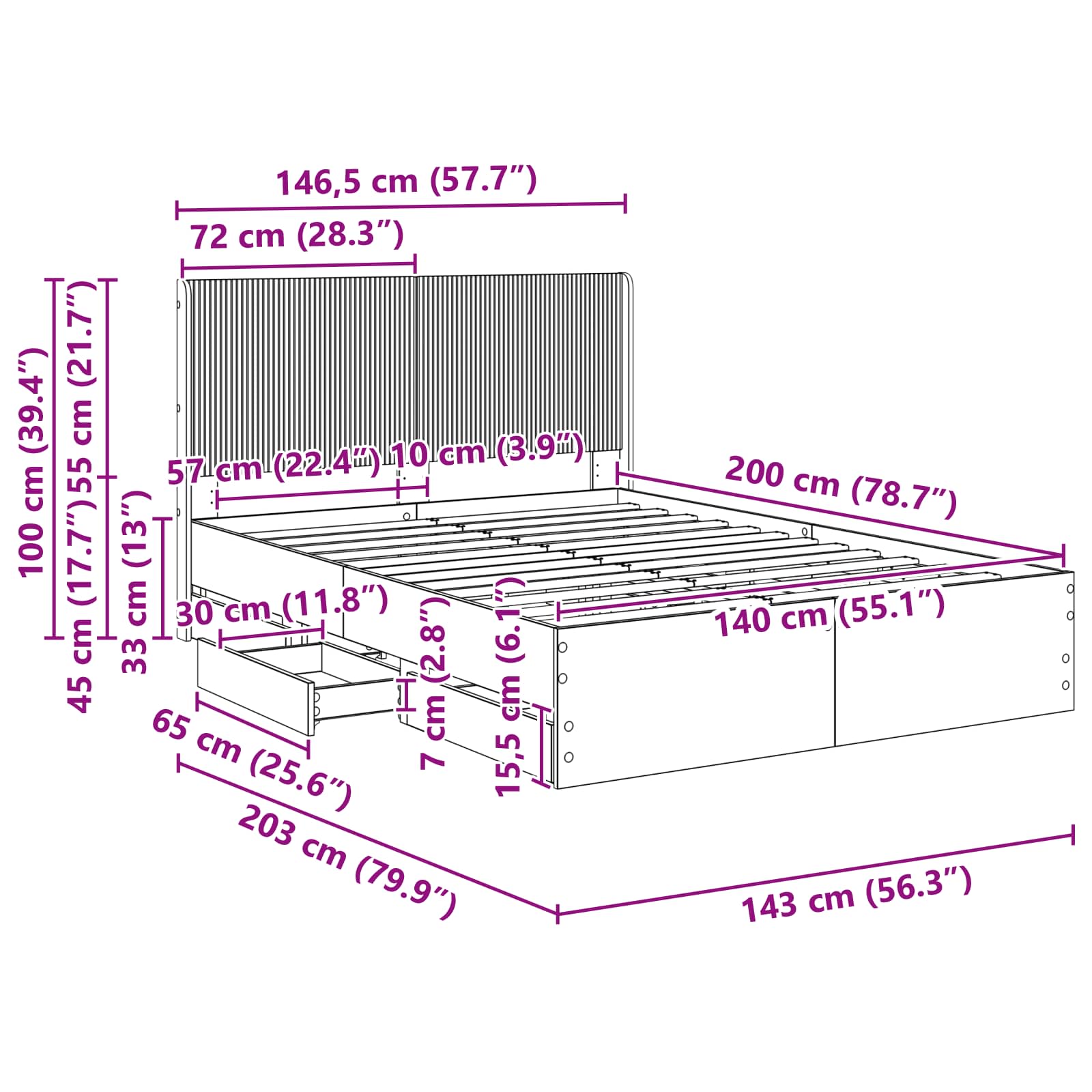 Lovos rėmas su saugojimu ir nugara Betono pilka 140 x 200 cm