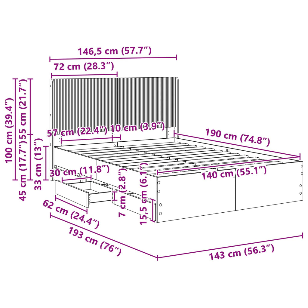 Lovos rėmas su saugojimu ir nugara Juoda 140 x 190 cm