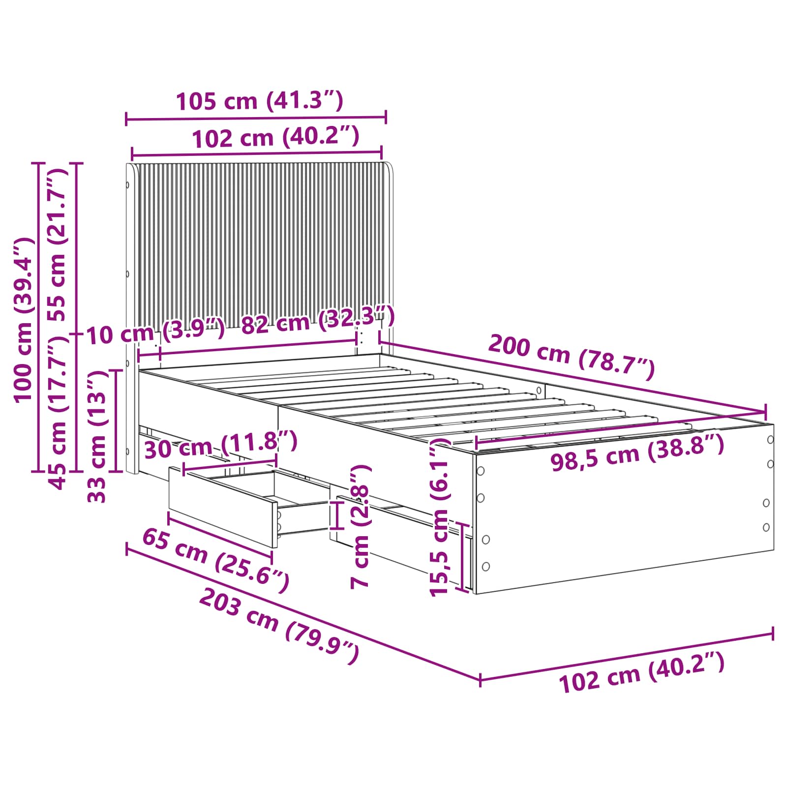 Lovos rėmas su saugojimu ir nugara Sonoma ąžuolas 100 x 200 cm
