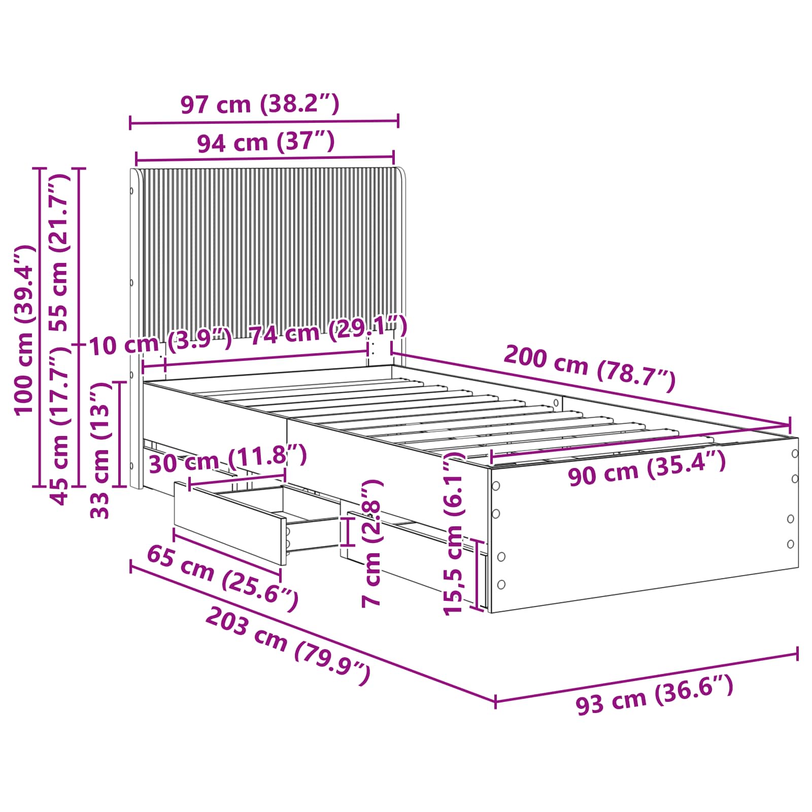 Lovos rėmas su saugojimu ir nugara Betono pilka 90 x 200 cm