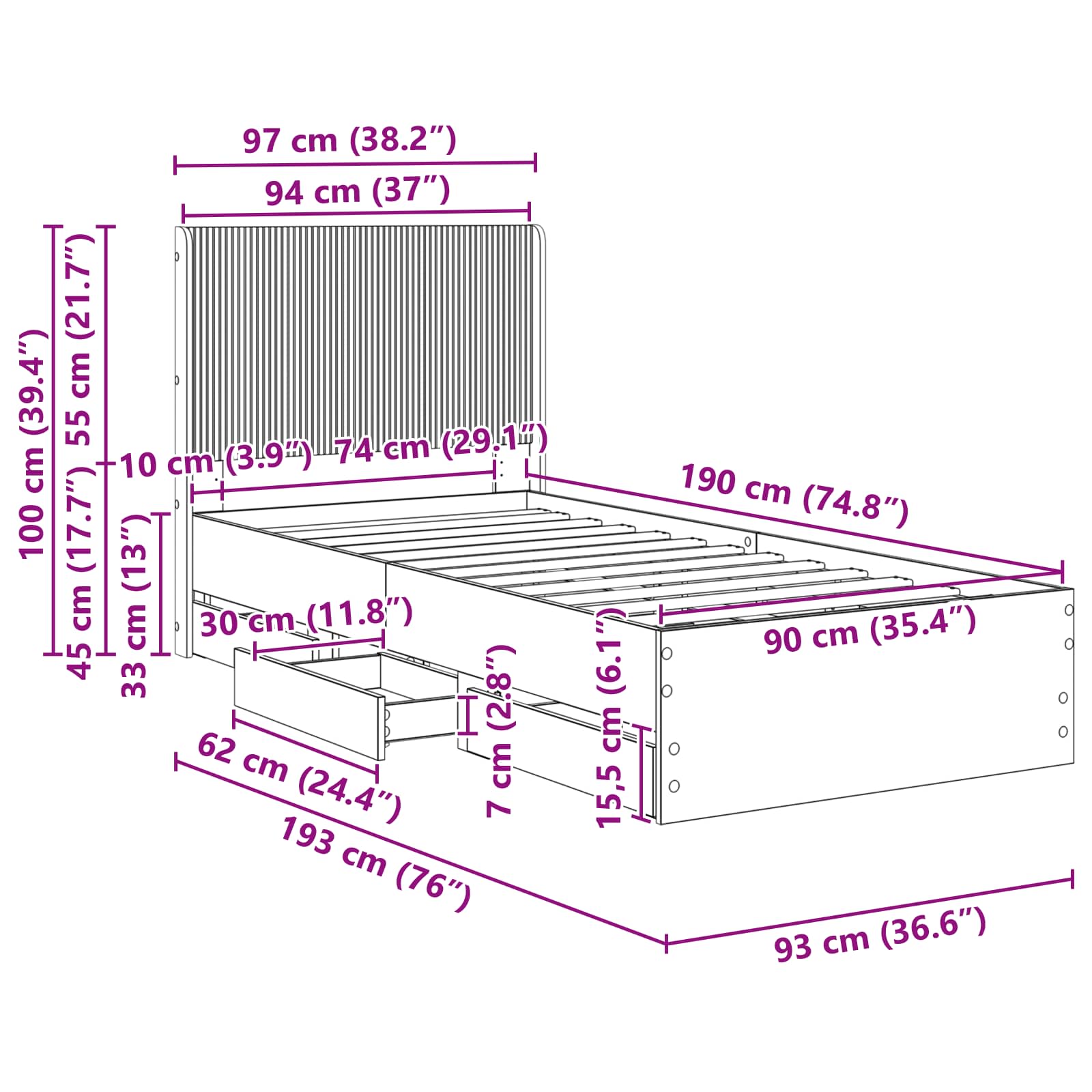Lovos rėmas su saugojimu ir nugara su stalčių Juoda 90 x 190 cm