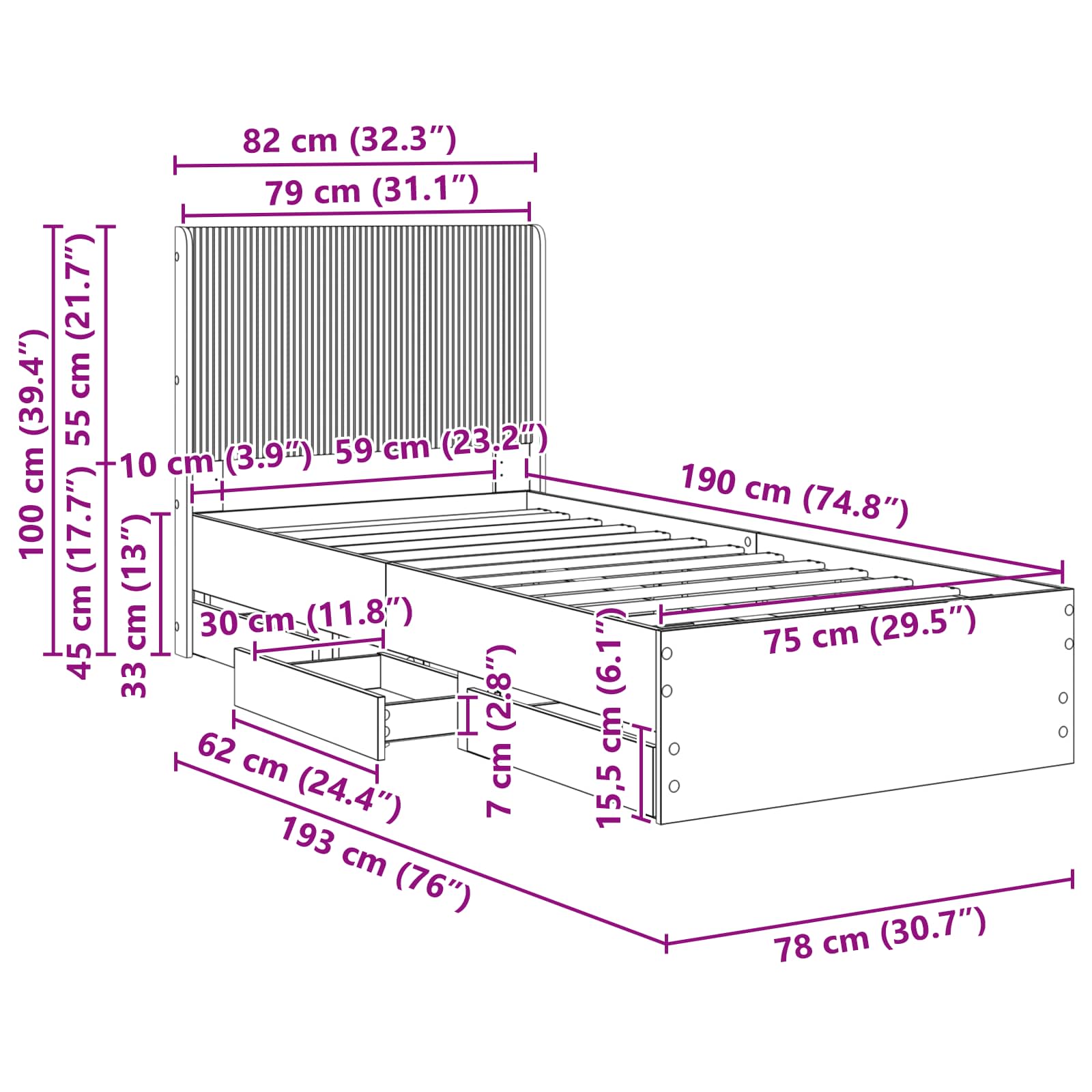 Lovos rėmas su saugojimu ir nugara Sonoma ąžuolas 75 x 190 cm