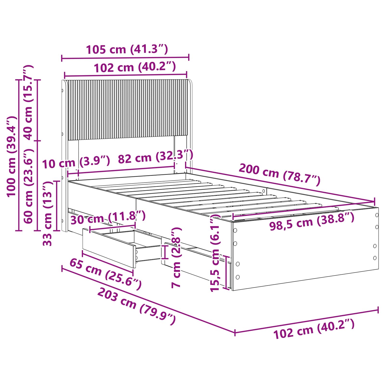 Lovos rėmas su saugojimu ir nugara Juoda 100 x 200 cm