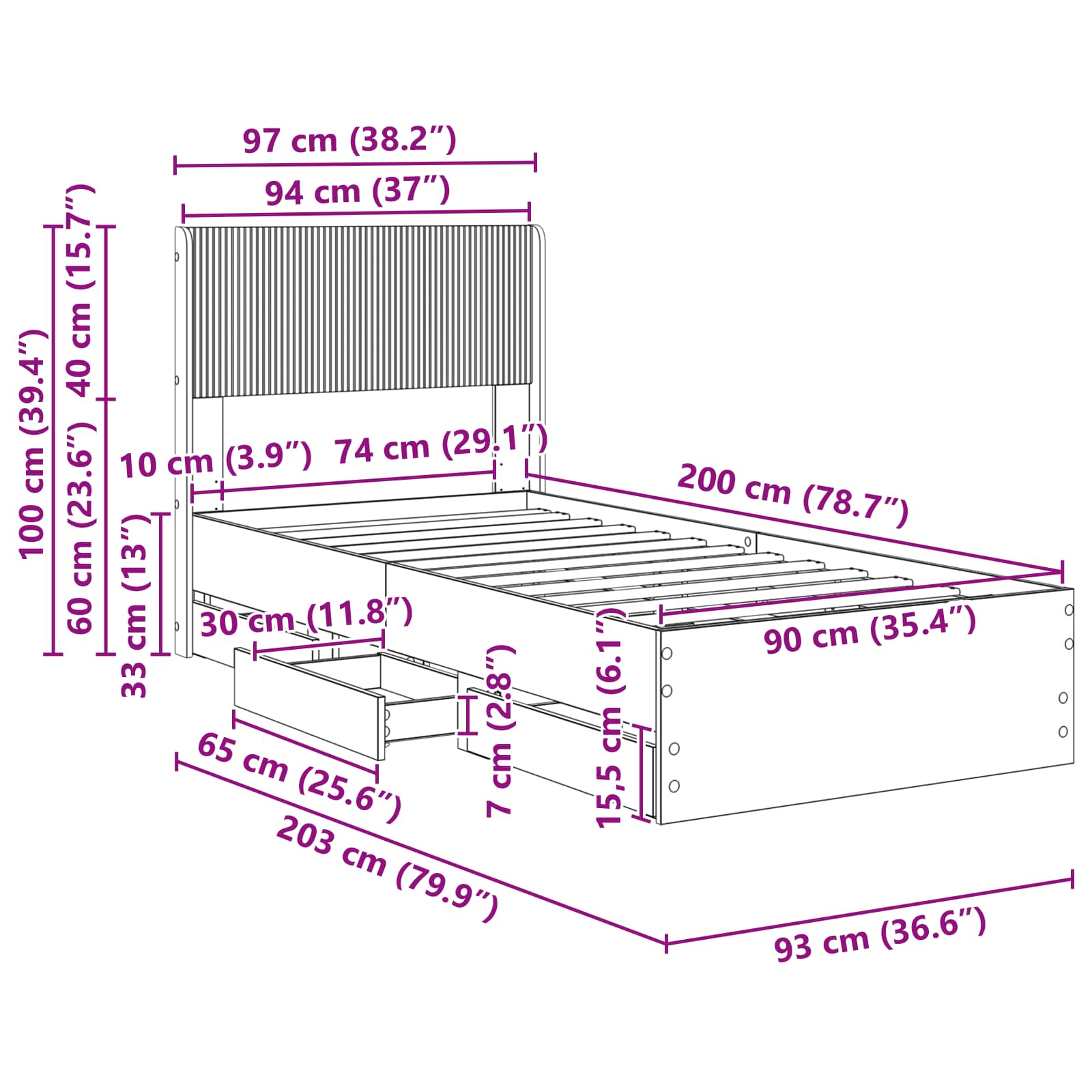 Lovos rėmas su saugojimu ir nugara su stalčių Balta 90 x 200 cm