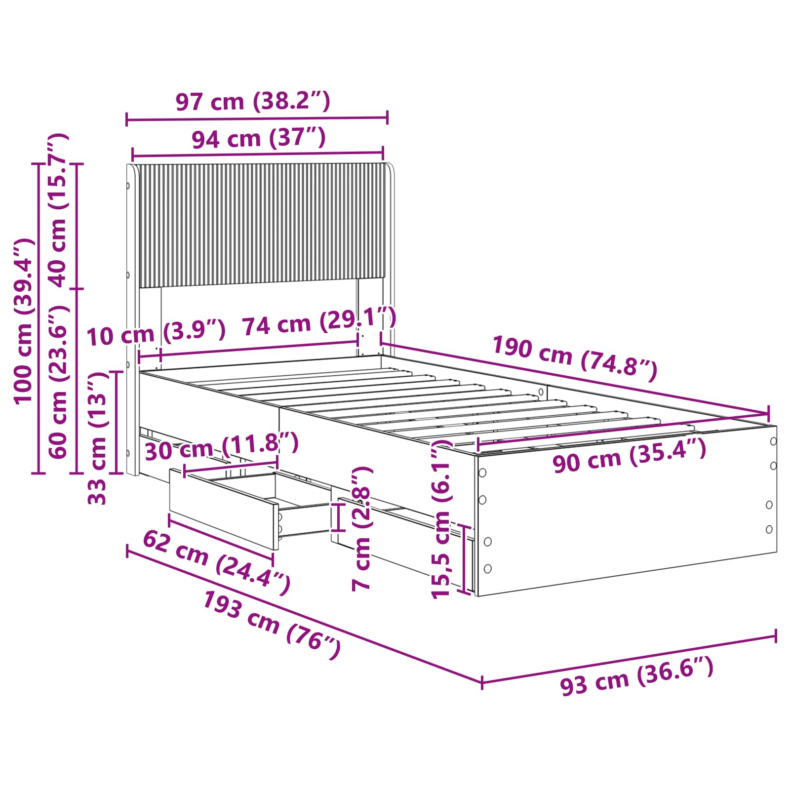Lovos rėmas su saugojimu ir nugara su stalčių Juoda 90 x 190 cm