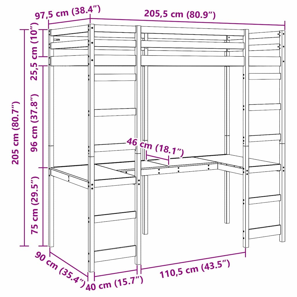 Palėpės lovos rėmas Natūrali 90 x 200 cm Kietos pušies mediena