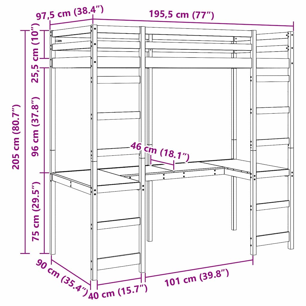 Palėpės lovos rėmas Natūrali 90 x 190 cm Kietos pušies mediena