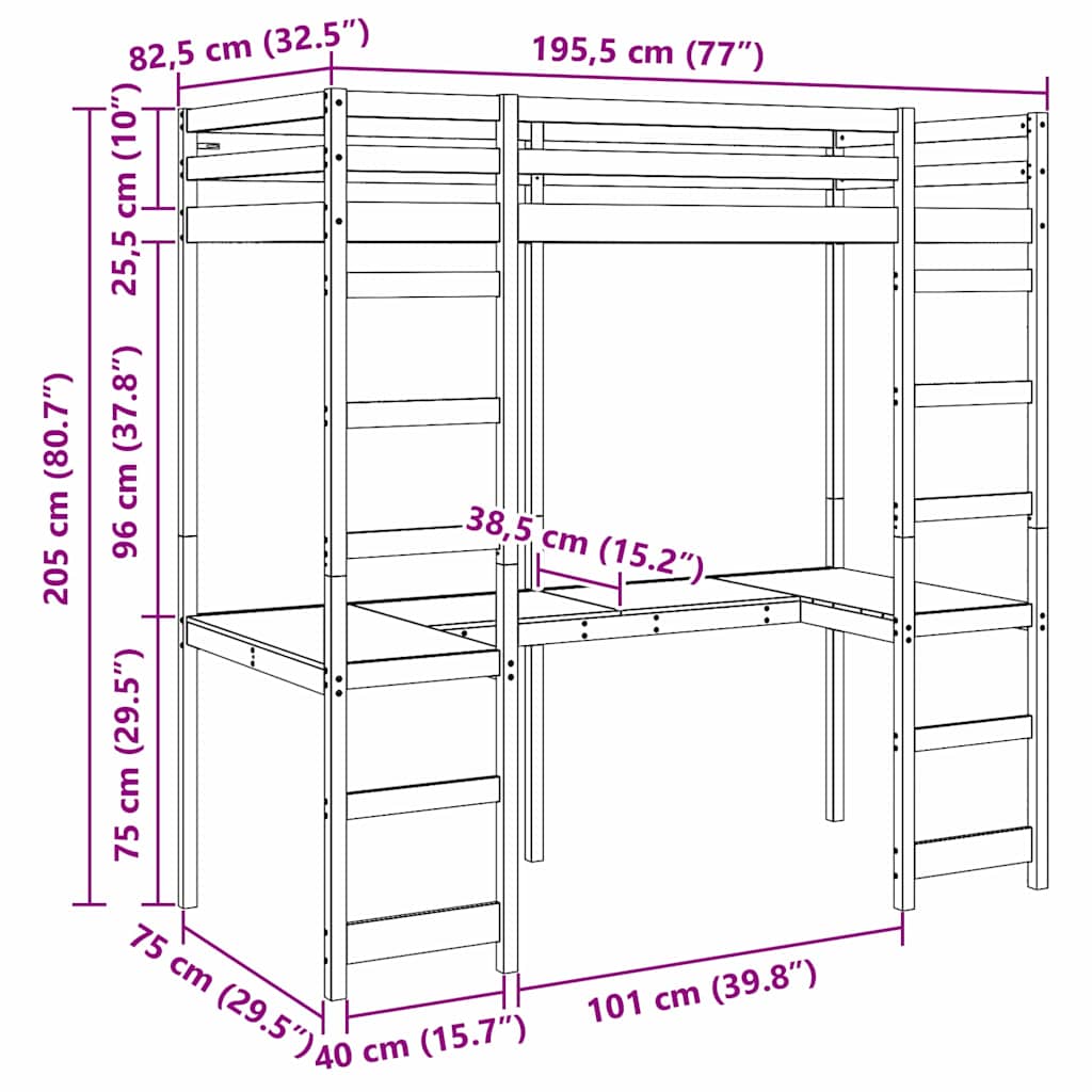 Palėpės lovos rėmas Balta 75 x 190 cm Kietos pušies mediena