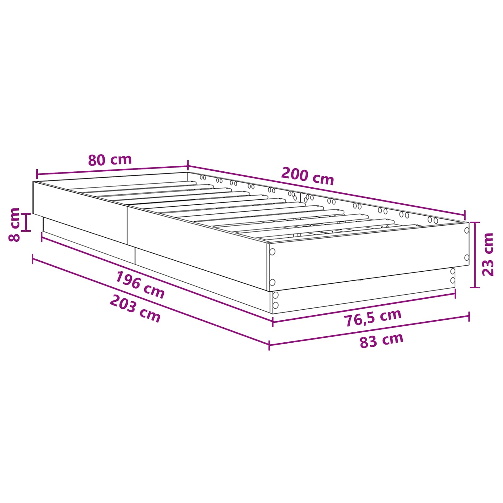 Lovos rėmas su LED Sendintos medienos 80 x 200 cm