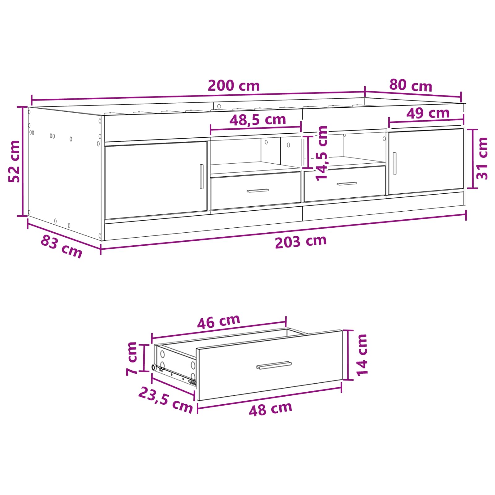 Lovos rėmas su saugojimu su stalčių Betono pilka 80 x 200 cm