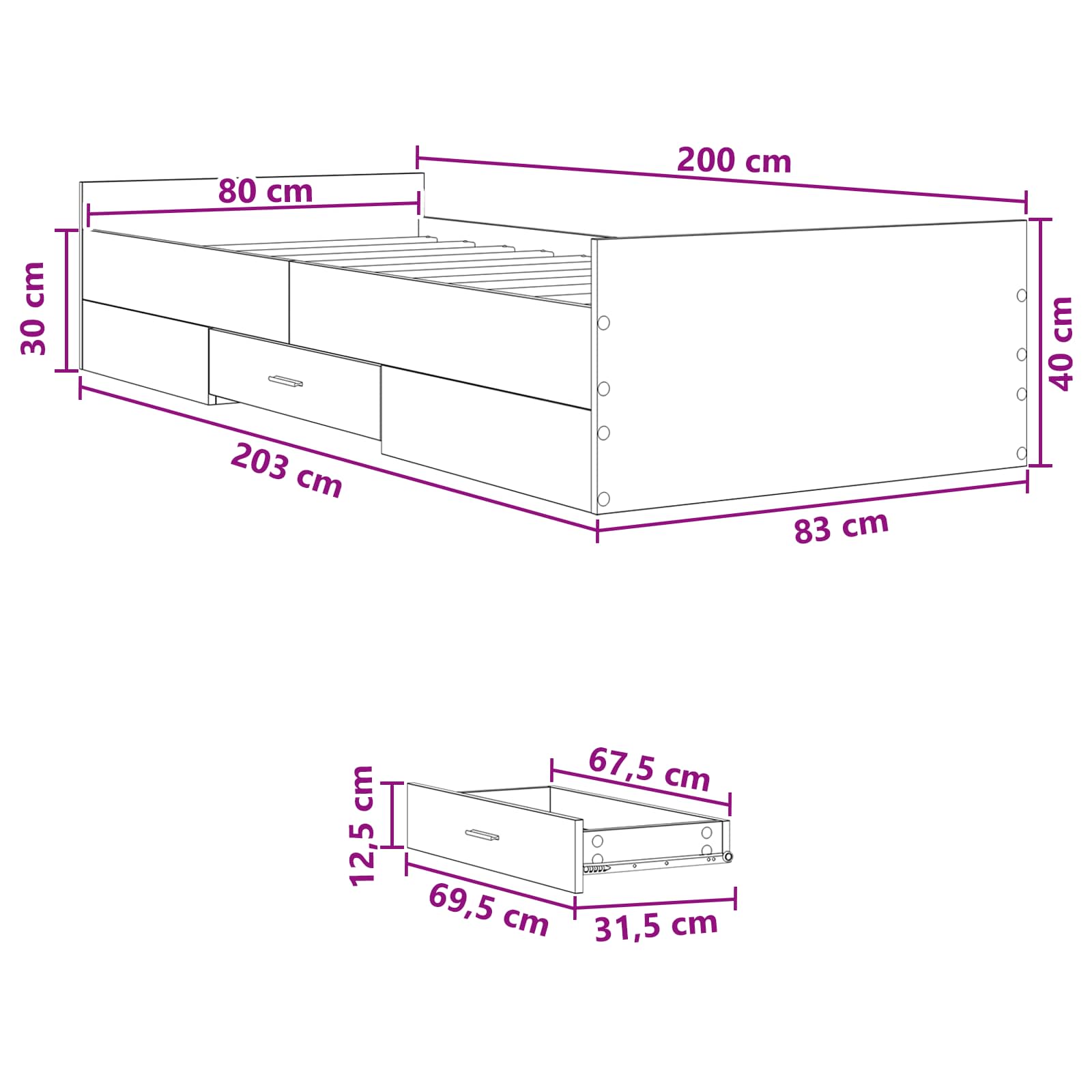 Lovos rėmas su saugojimu Balta 80 x 200 cm Apdirbta mediena