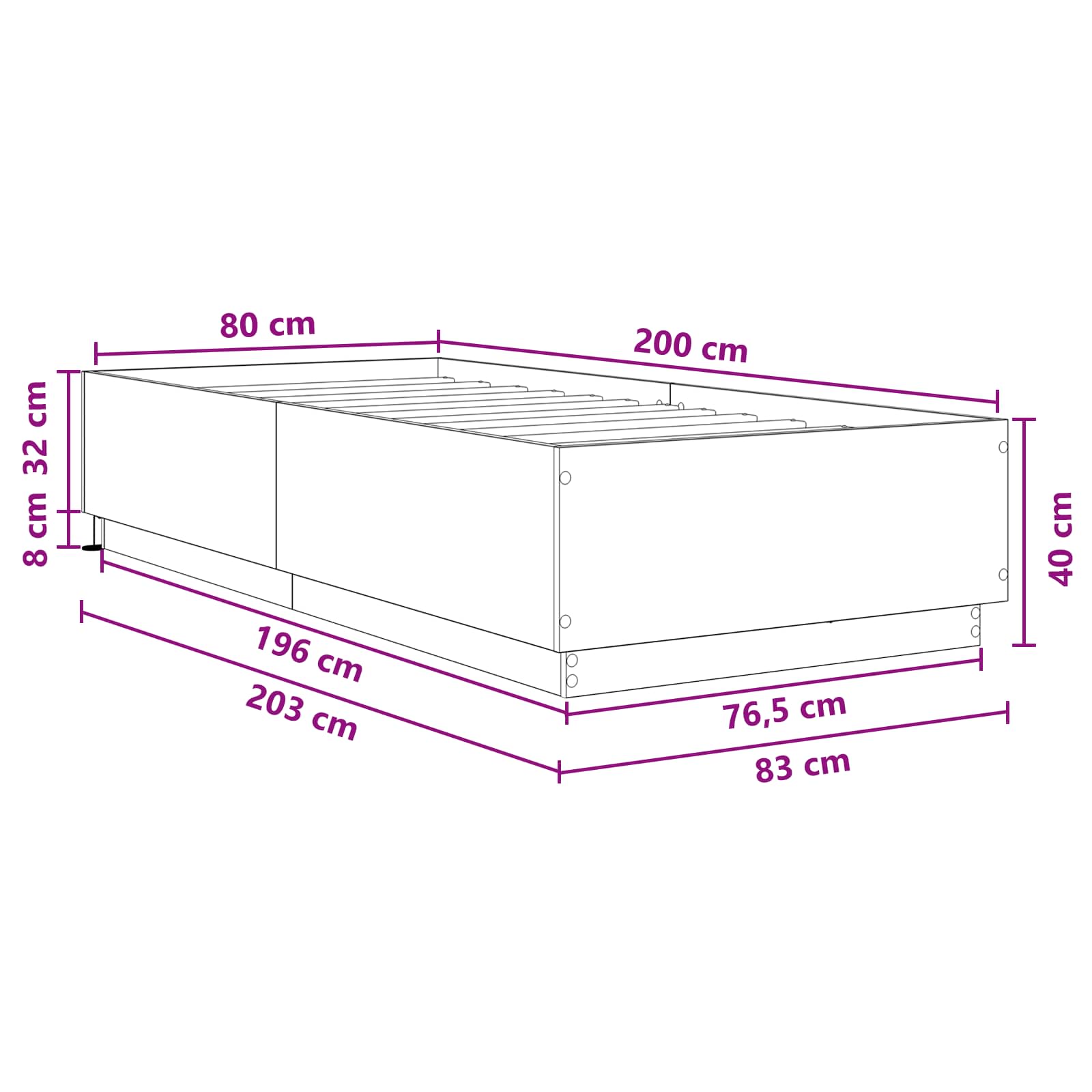Lovos rėmas su LED Balta 80 x 200 cm Apdirbta mediena